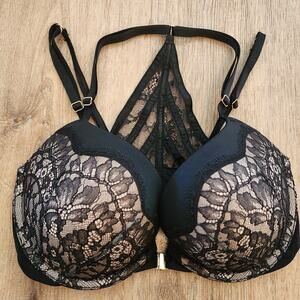 Victorias Secret Very Sexy Push Up Bra 32DD Black Lace Racerback Strappy